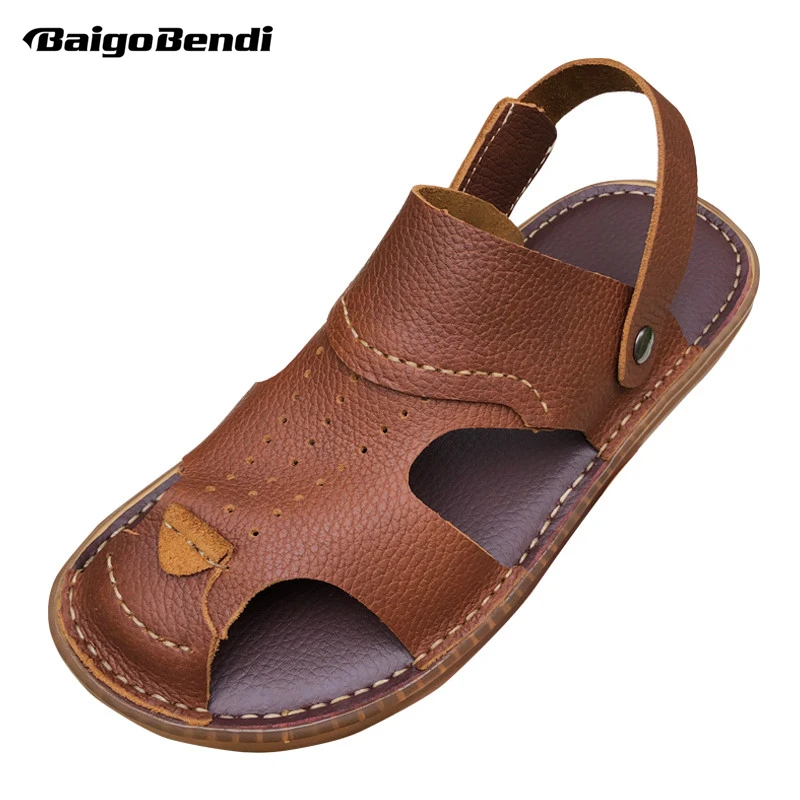 

Middle-aged Men Summer Sandals Real Lether Soft Close Toe Slides Men's Dalily Casual Outdoor Shoes