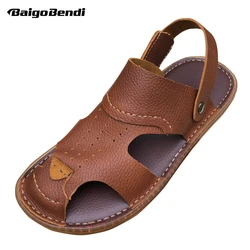 Middle-aged Men Summer Sandals Real Lether Soft Close Toe Slides  Men's Dalily Casual Outdoor Shoes