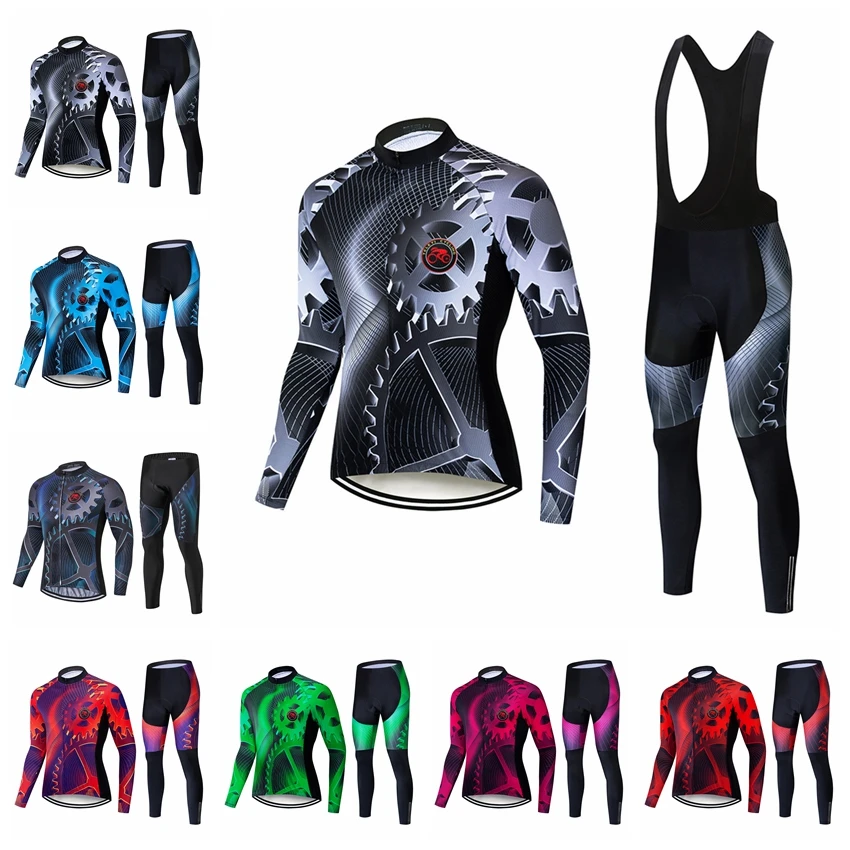 

2020 Cycling jersey set long sleeve Men MTB bike Jersey Bib pants Bicycle Clothing Top Maillot Ciclismo Spring fall gear red