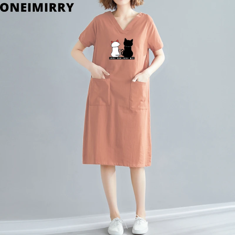 

Oneimirry Cartoon Cat Print Woman Dresses Summer 2021 V-Neck Korean Casual Long Tshirt dress Loose Short Sleeve Women Vestidos