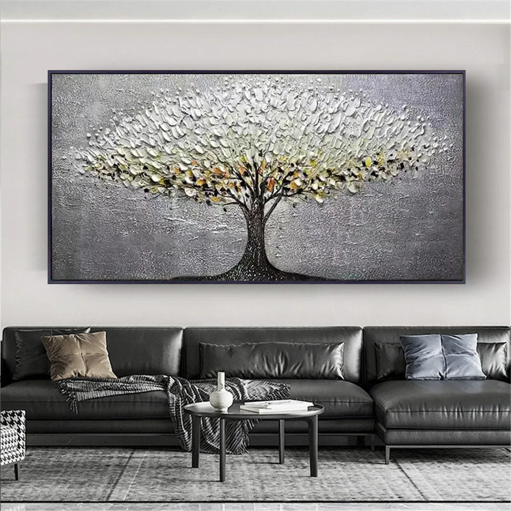 100% Handmade Large Size Canvas Poster Wall Art Picture Gold Tree Drawing Knife Oil Painting For Living Room Home Decor Artwork