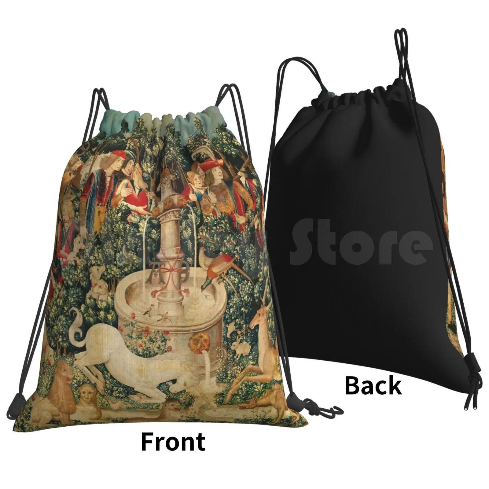 Unicorn Is Found / Fountain , Other Animals , Green Floral Backpack Drawstring Bag Riding Climbing Gym Bag Unicorn Fantasy