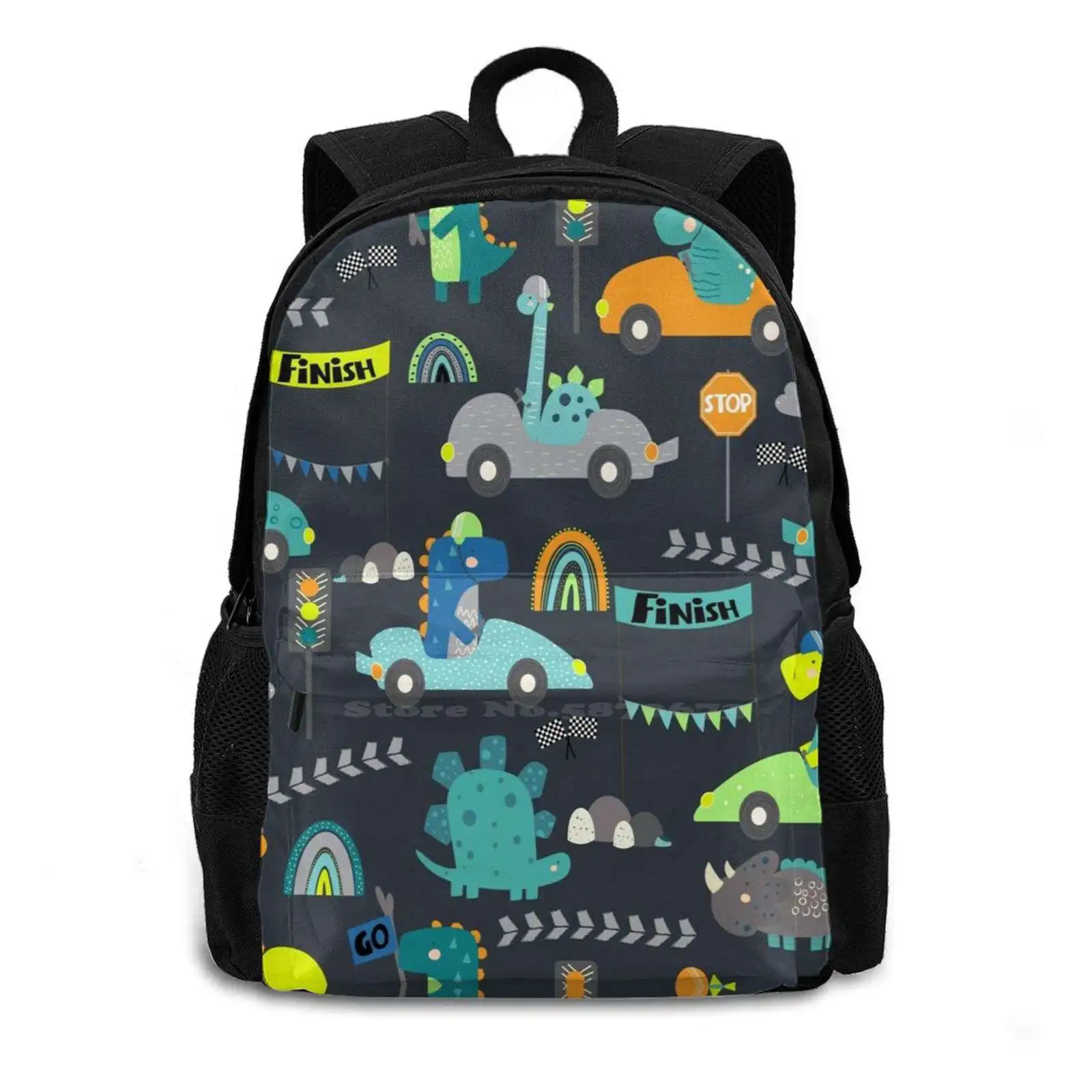 Dinosaur Race Cars Kids Pattern Green Rucksack Knapsack Storage Bag Backpack Dinosaur Racing Race Car Cars Vehicle Kids