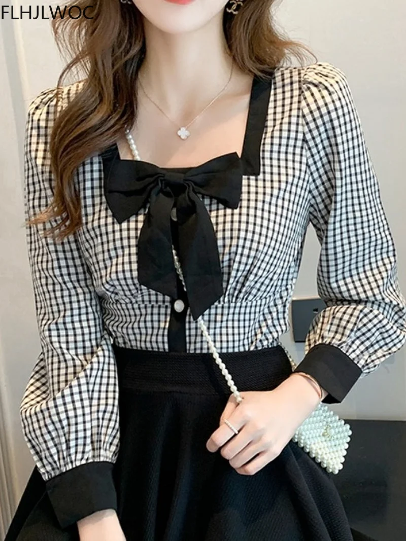 Cute Sweet Bow Tie Tops Square Neck Retro Vintage Plaid Shirts 2021 Women Autumn Basic Wear Chic Japan Style Clothes