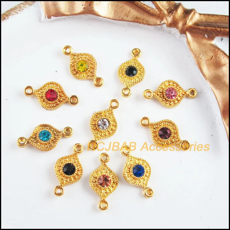 20Pcs Gold Color Retro Eye Mixed Crystal Charms Connectors 8x16mm