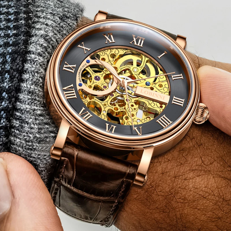 LOBINNI New Transparent Case Open Work Stainless Steel Mechanical Skeleton Wrist Watch Luxury Men Waterproof Automatic Watches