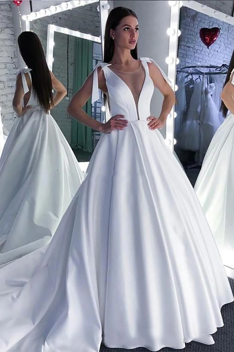 Simple Wedding Dress with Bow 2020 A-Line Elegant Satin Long Princess Vintage Bridal Dress Sexy Wedding Gown Custom Made