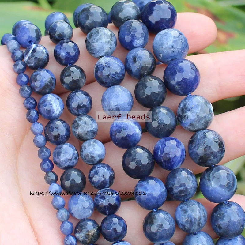 Faceted Natural Dark Blue Sodalite Stone 4-14mm Round BeadsNatural Loose Beads 15''/ Strand 4-20MM Pick Size For Jewelry Making