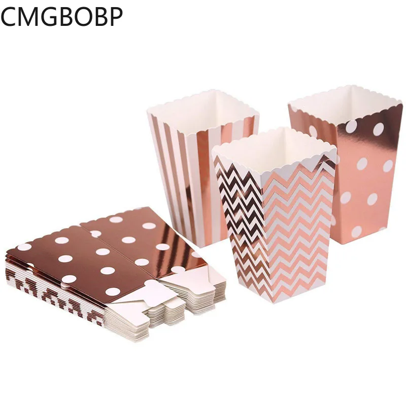 

12pcs Popcorn Boxes Rose Gold Stripe Candy Bag for Movie Supplies Baby Shower Wedding Birthday Dessert Tables Party Tableware