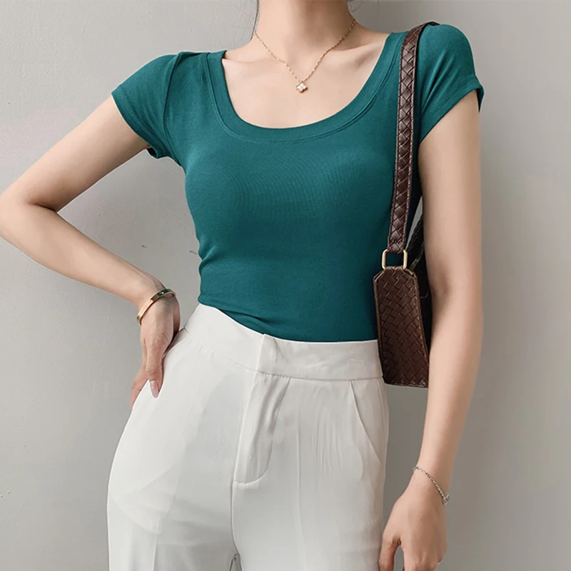 AOSSVIAO 100% Cotton T Shirt Women Summer New Slim Solid Basic Tees 16 Color Casual Tshirt Korean O Neck Khaki Tops