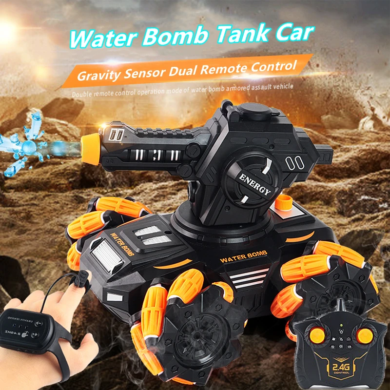 Wasserbombenstart Fernbedienung Tank Geste Sensor Seitliches Fahren Rotation Turm Simulation Spray Uhr Steuerung RC Tank Spielzeug