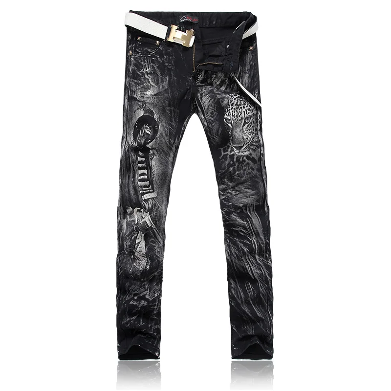 

West Men's Cowboy Leopard Print Jeans Male Casual Slim Painting Pants Fashion Black Denim Long Trousers size 28-38