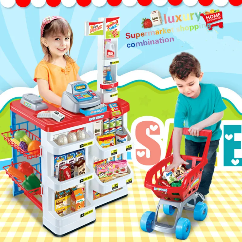 Juego de cocina de gran tamaño para niños, juguete de simulación de plástico de 82cm de altura con luz, carrito de comida de juguete para supermercado, nuevo, D76