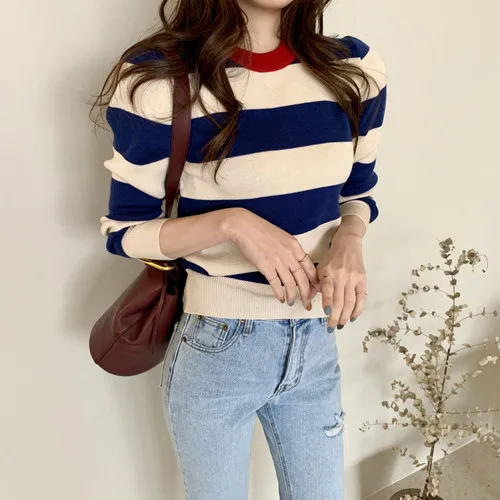 2023 Autumn Korean Knitted Striped Pullover Sweater Women Long Sleeve O-neck Vintage Fashion Casual Female Tops Sweaters