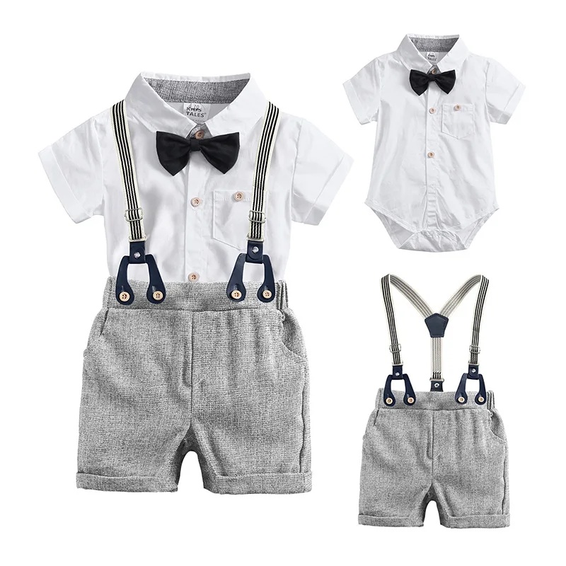 

Bowtie Baby Boys Summer Bodysuits Short Pants Suits Children's Tuxedo Shirts Kids Sets Outfits Gentleman Suspenders Trousers