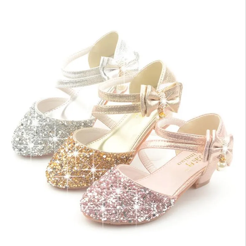 2022 Children Sandals Girl High Heels Princess Shoes For Girls Glitter Bowtie High heel Sandals Dress Party Shoe Size 26-38