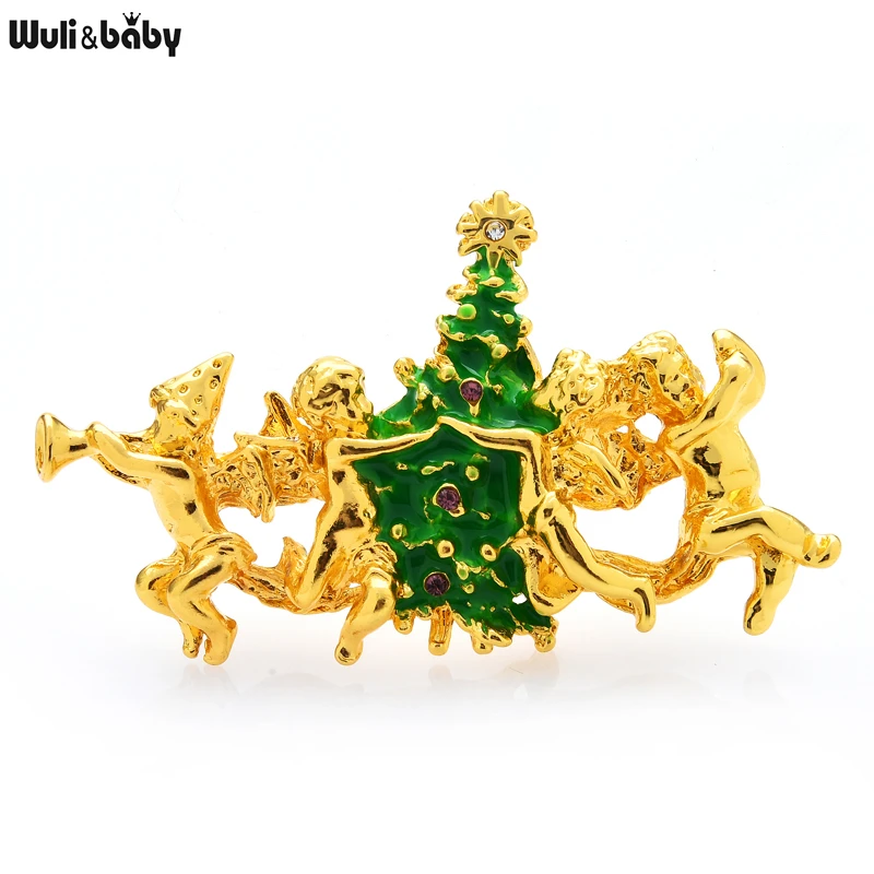 Wuli&baby Vintage Taking Christmas Tree Angel Brooches For Women 3-color Angles New Year Brooch Pin Gifts