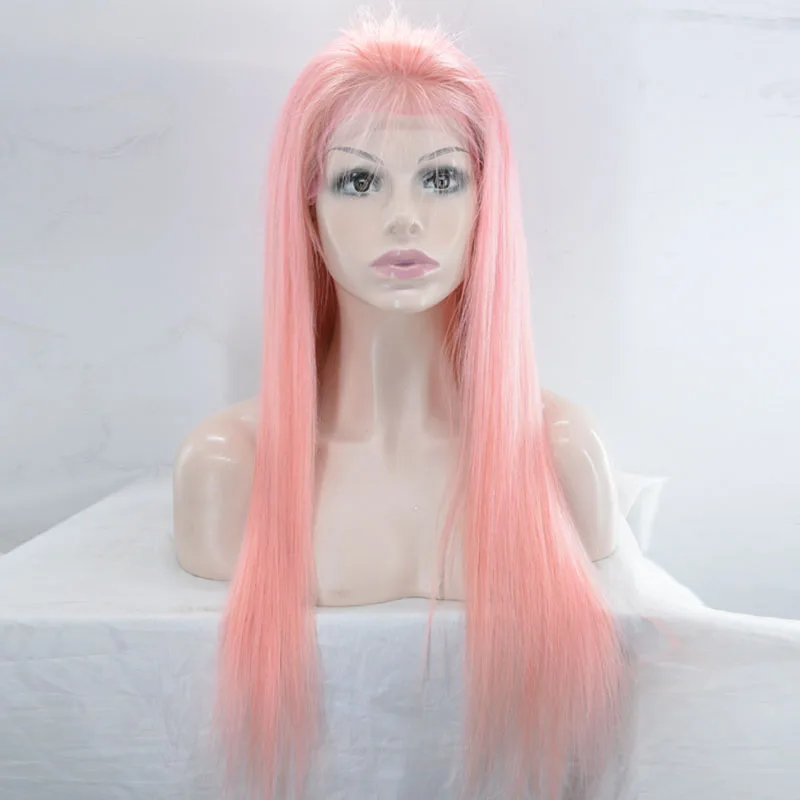 human hair lace front wigs Pink Long Silk Straight Costume wig for women Swiss lace 13 * 4 Wigs Hair wig with body hair