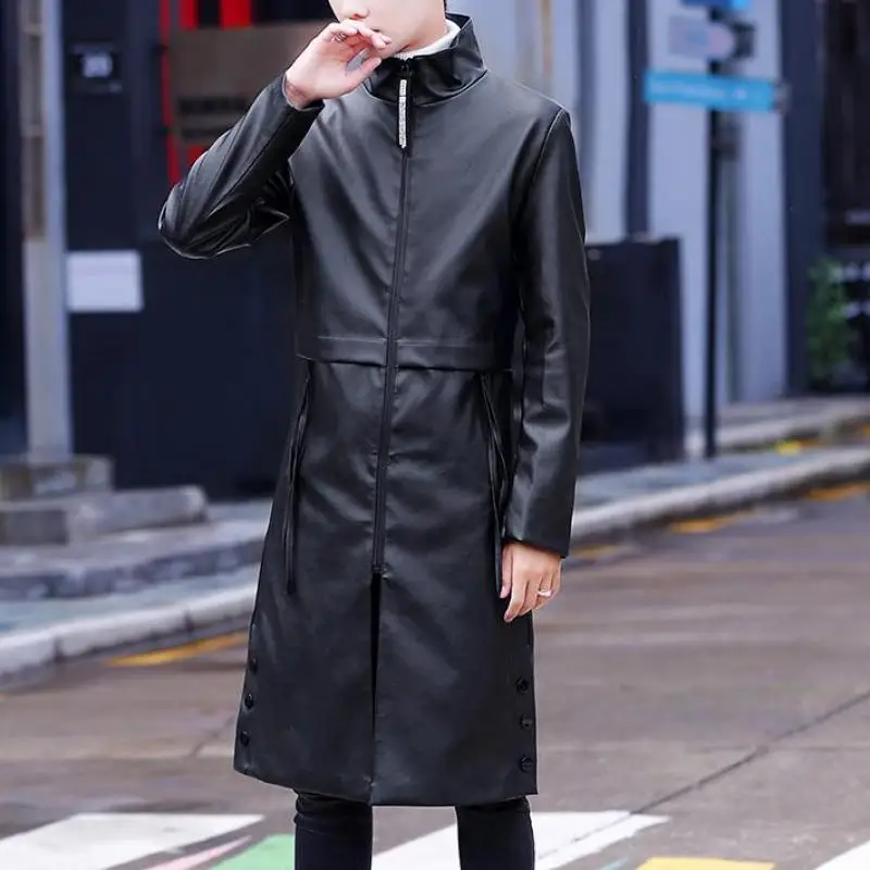 2022 Spring White Long Leather Jackets Mens Leather Trench Coats Stylish Overcoats Stand Collar Steampunk Fashionable Black Slim