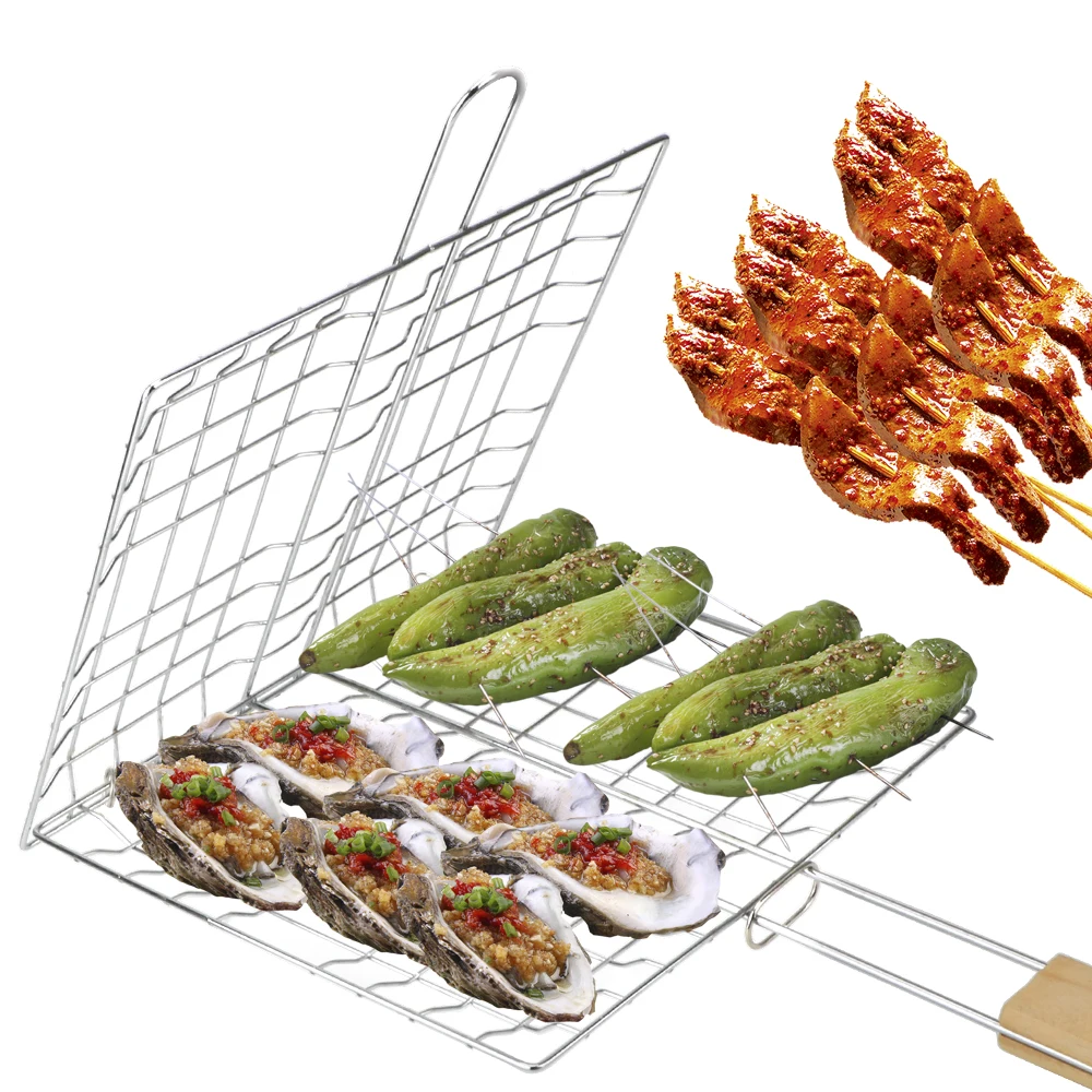 Panier à grillades pliable, tapis de Barbecue, viande, poisson, avec poignée en bois, maille en acier inoxydable, réutilisable