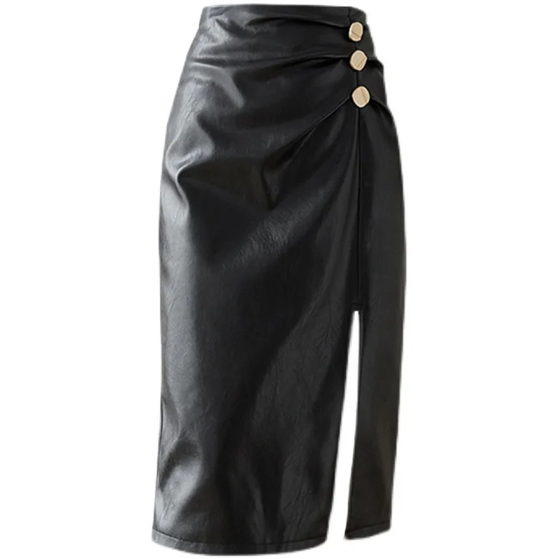 REALEFT 2021 New Buttons Women's Black PU Leather Wrap Skirts Office High Waist Front Split Women's Midi Skirts Female Autumn