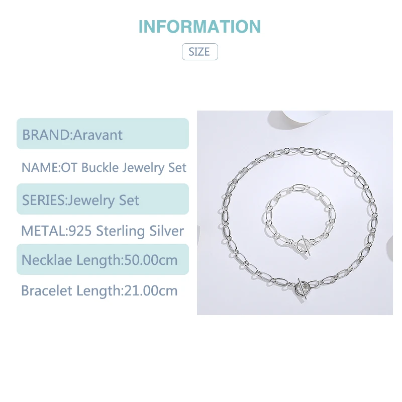 Aravant 925 Silver Simple OT Buckle Necklace Bracelet Chains Set For Women Fashion Jewelry