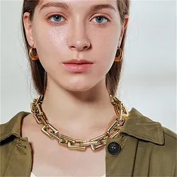 FAMSHIN Punk Large Chunky Chain Necklace Collar for Women Men Vintage Thick Gig Chain Choker U Shape Lock Necklaces Party Jewelr