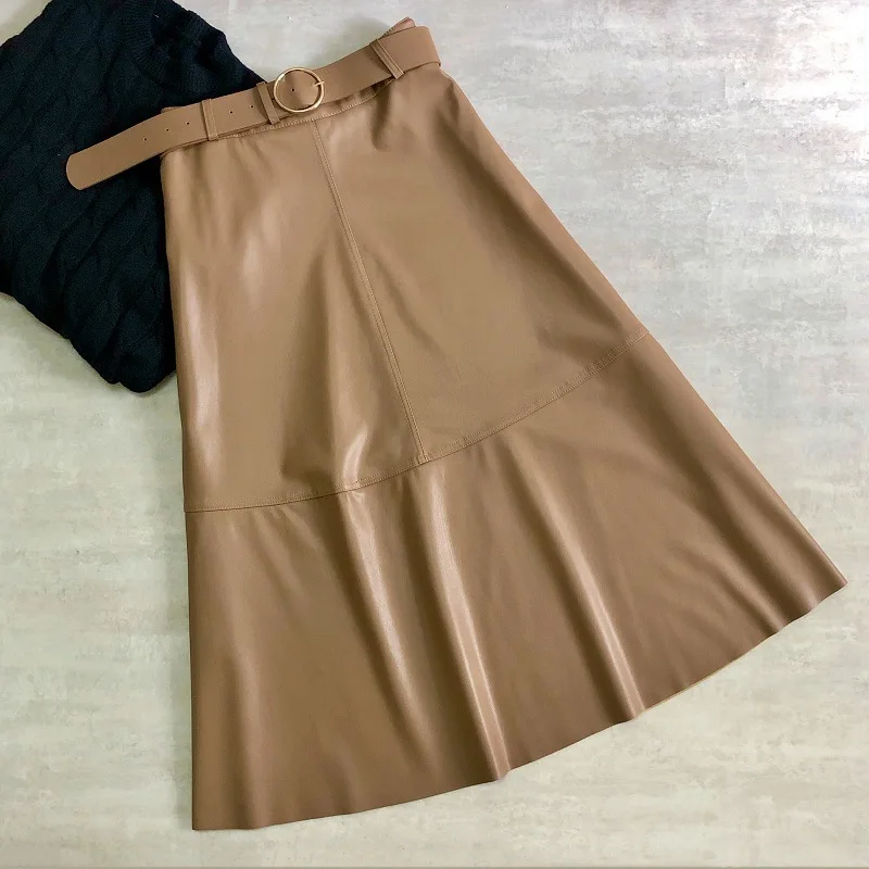 

2024 Fall Spring New Western Style Fashion High Waist Slim All-match Women Pu Leather Skirt Belt A-line Long Skirt Free Shipping