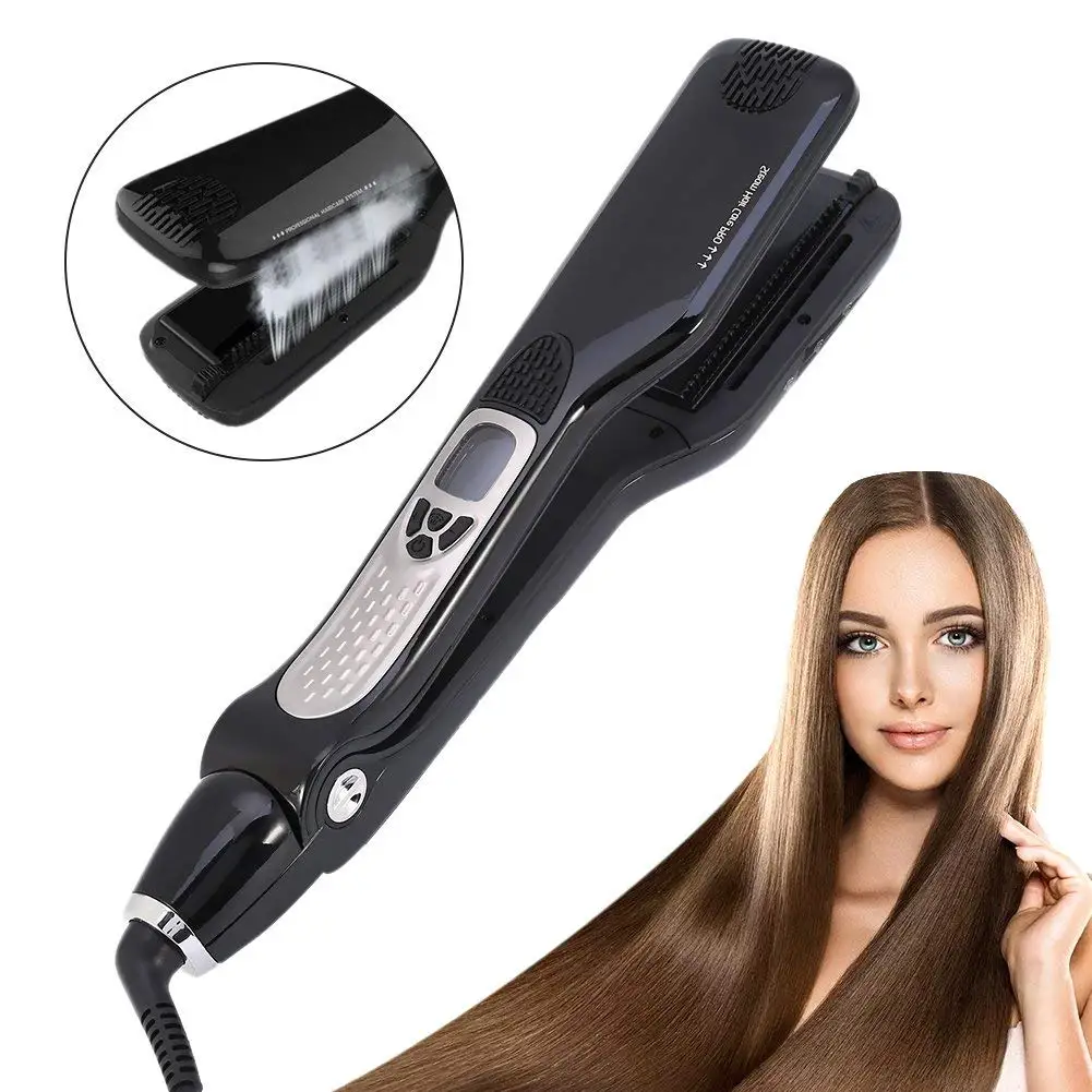 Professional Dual-Voltage Titanium Steam Hair Straightener with Wide Plates, Temperature Control, and Multi-Style Function