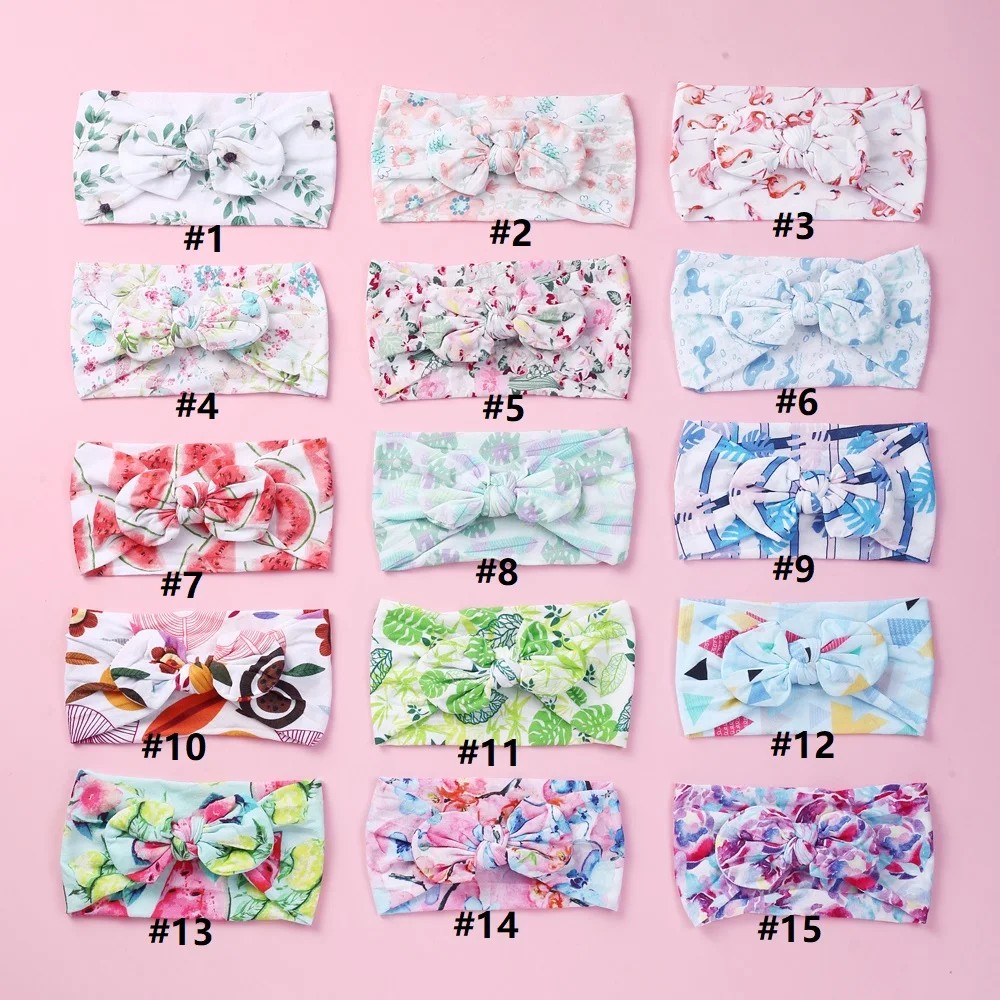 24pc/lot Newborn Flamingo Prints Nylon Headband,Infant Baby Floral Watermelon Fruit Print Nylon Bow Headbands for Girls Headwear