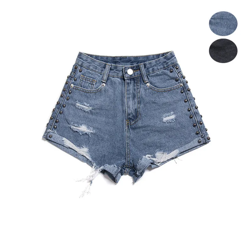 

High Quality Vintage Tassel Rivet Ripped Loose High Waisted Short Jeans Punk Sexy Hot Woman Denim Shorts Bf Casual Wide-leg