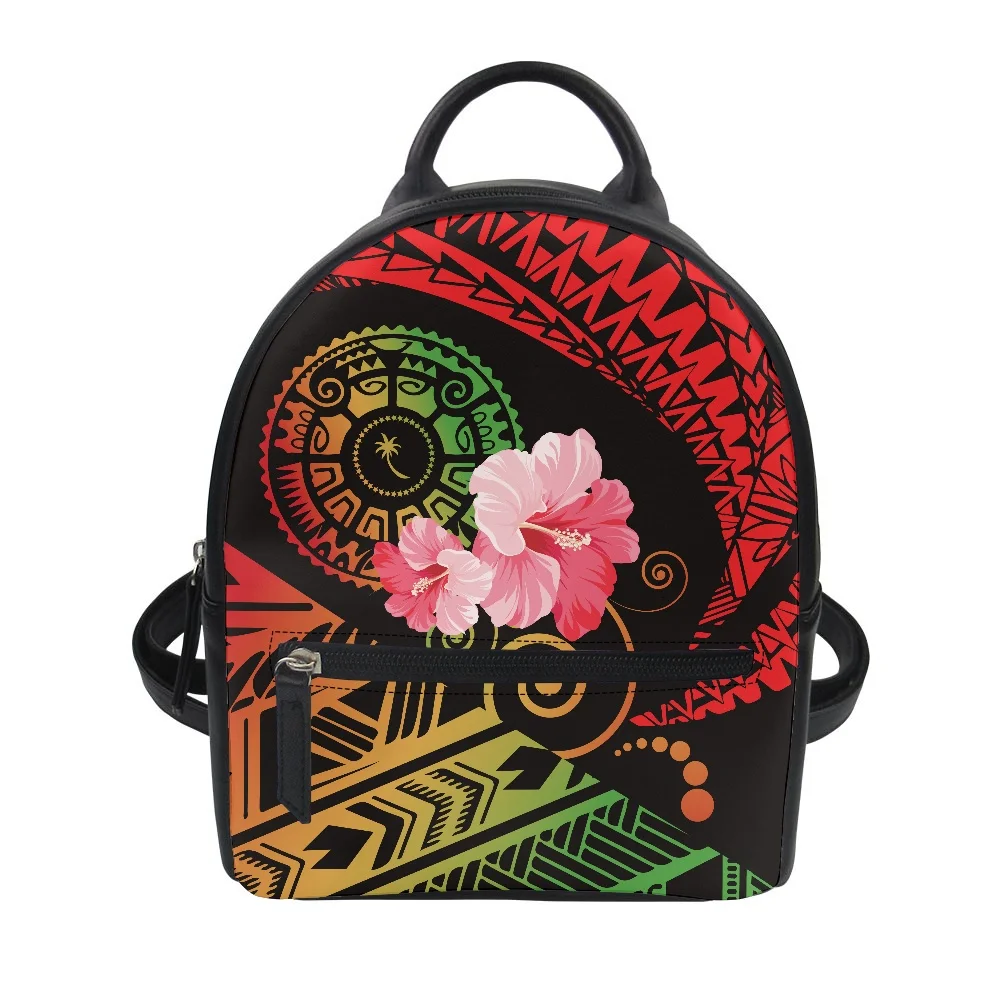 Hycool Cute Backpacks Woman Chuuk Hawaii Flower Print Travel Backpack Small Pu Leather Zipper Backpack For Girls New Arrivals