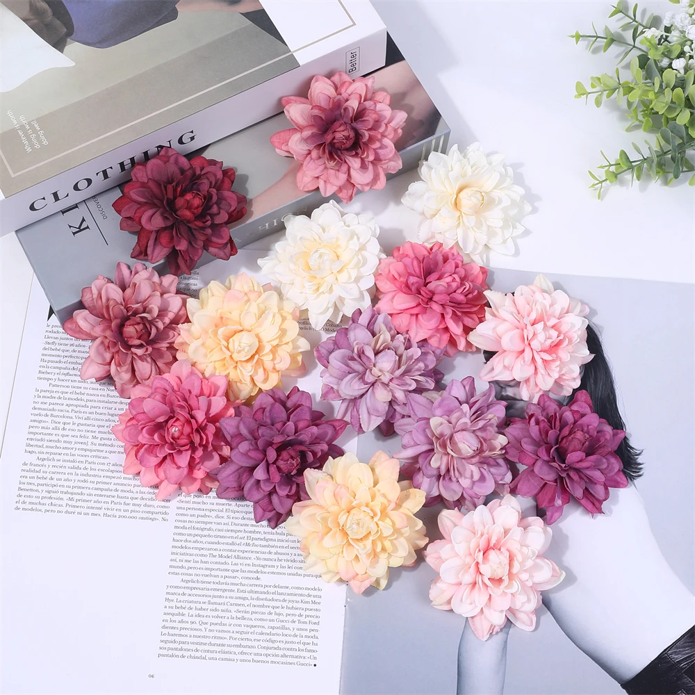 5PCS Dahlia Artificial Silk Flowers Heads For Wedding Home Decoration DIY Wreath Gift Box Scrapbooking Craft Fake Flower Head