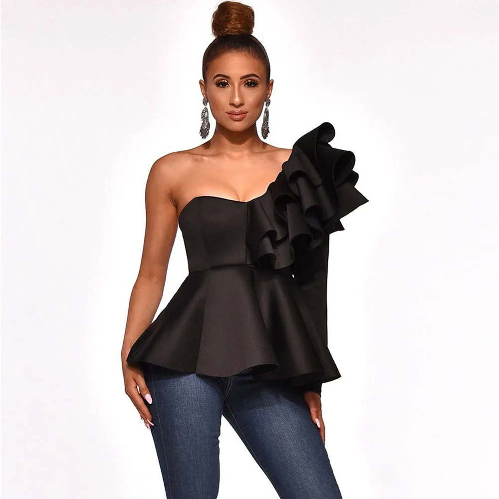 Women Elegant Blouse Femme Sexy One Shoulder Layered Ruffle Long Sleeve Peplum Blusas Shirts Club Party Womens Tops and Blouses