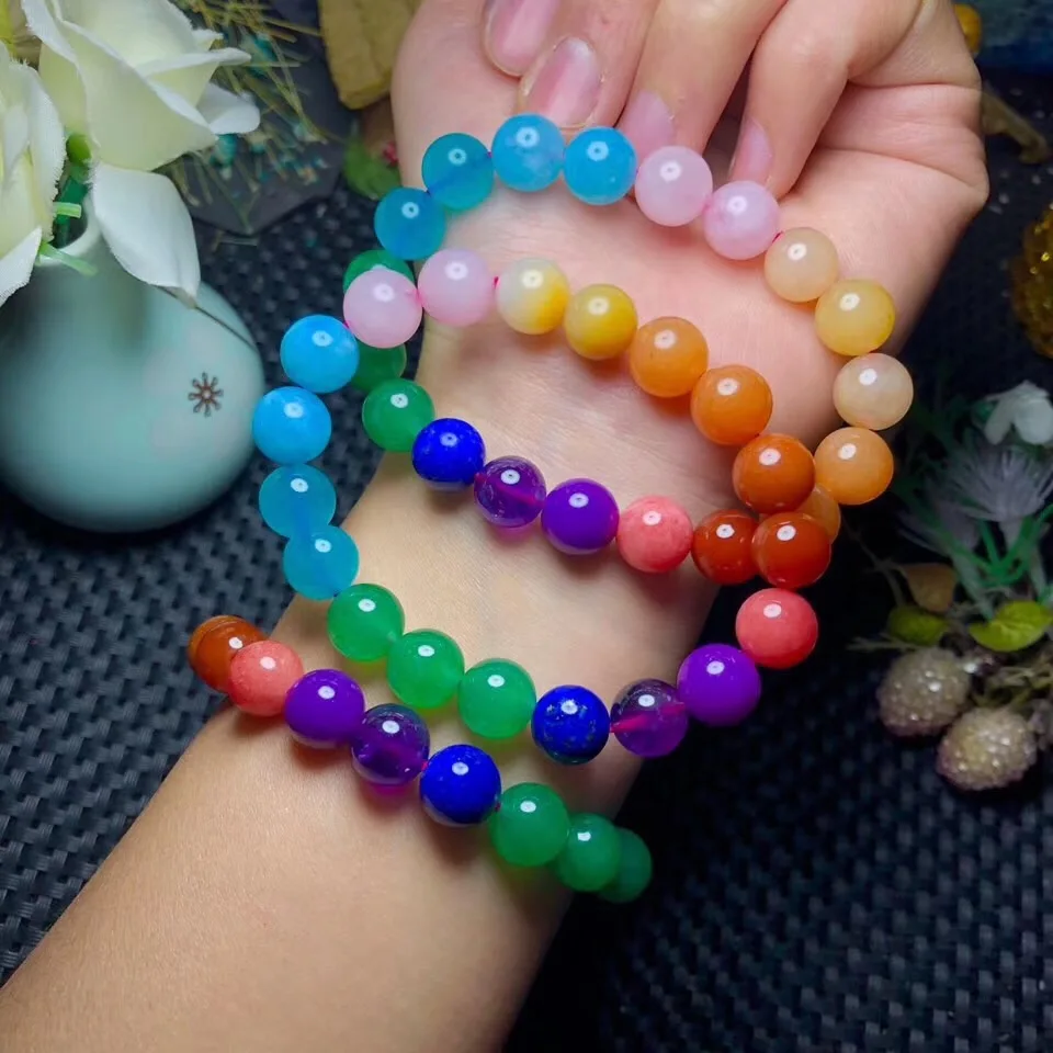10 мм натуральный Амазонит, Аметист, розовый кварц, аквамарин, халцедон, браслет для женщин и мужчин, радужная кристаллическая стрейч-бижутерия AAAAA