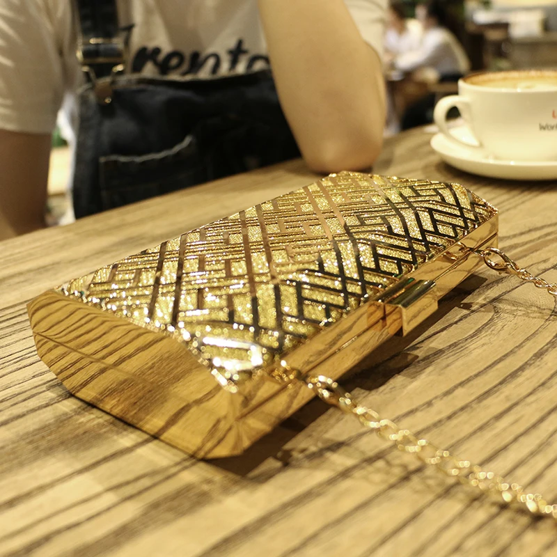 Gold Acrylic Box ladies Geometric Evening Bag Clutch bags Elegent Chain Women Handbag Shoulder Bag For Wedding/Dating/Party