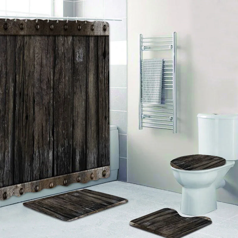 Funny Black Medieval Barrel Wood Door Shower Curtain and Rug Set 3D Wooden Door Bathroom Curtain Waterproof with Bath Mat Carpet