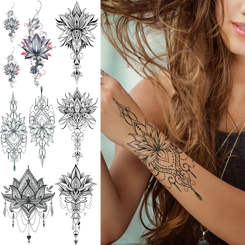 Henna Lotus Temporäre Tattoo Für Frauen Gefälschte Schmuck Ketten Schwarze Blume Körper Kunst Abstrakte Tattoo Aufkleber Transfer Mädchen Tattoo