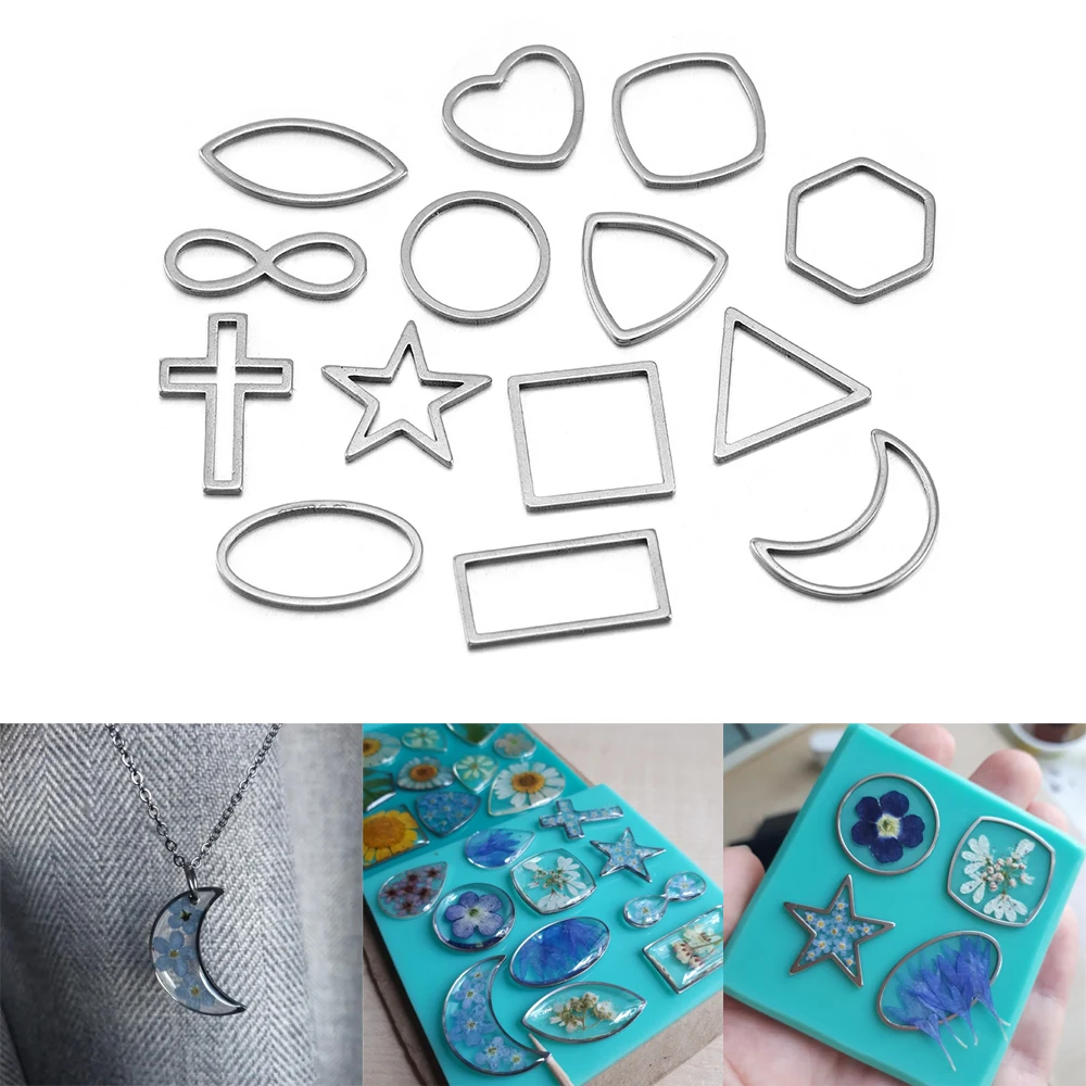 30pcs Moon Star Heart Square Charm Stainless Steel Pendant Open Bezels Hollow Pressed Resin Frame Mold Bezel DIY Jewelry Making