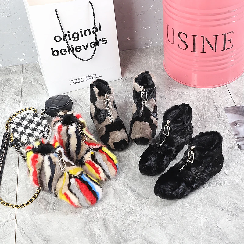 Womens Real Mink Fur Match Colors Furry Ankle Boots Snow Warm Winter Rhinestones Crystal Decor Shoes Luxury Plus Size 2023