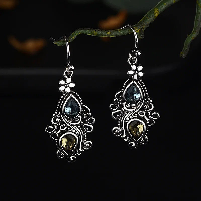 Bohemia 925 Sterling Silver Gemstone Drop Earring real Natural Amethyst Garnet Sapphire for Women Jewelry Bizuteria Earrings