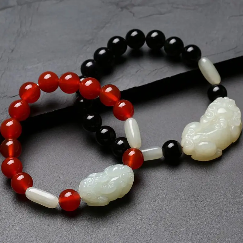 

Genuine Hetian Jade Ferret Bracelet Black Obsidian Wealth Transfer Piqiu Hand String Agate Bracelet Female Men's Jewelry