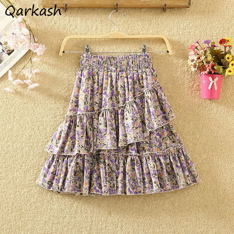 

Floral Skirts Women Mini Ruffles 4 Colors Design Femme Simple Ulzzang Summer Romance Holiday Elastic Waist Bottom Students New