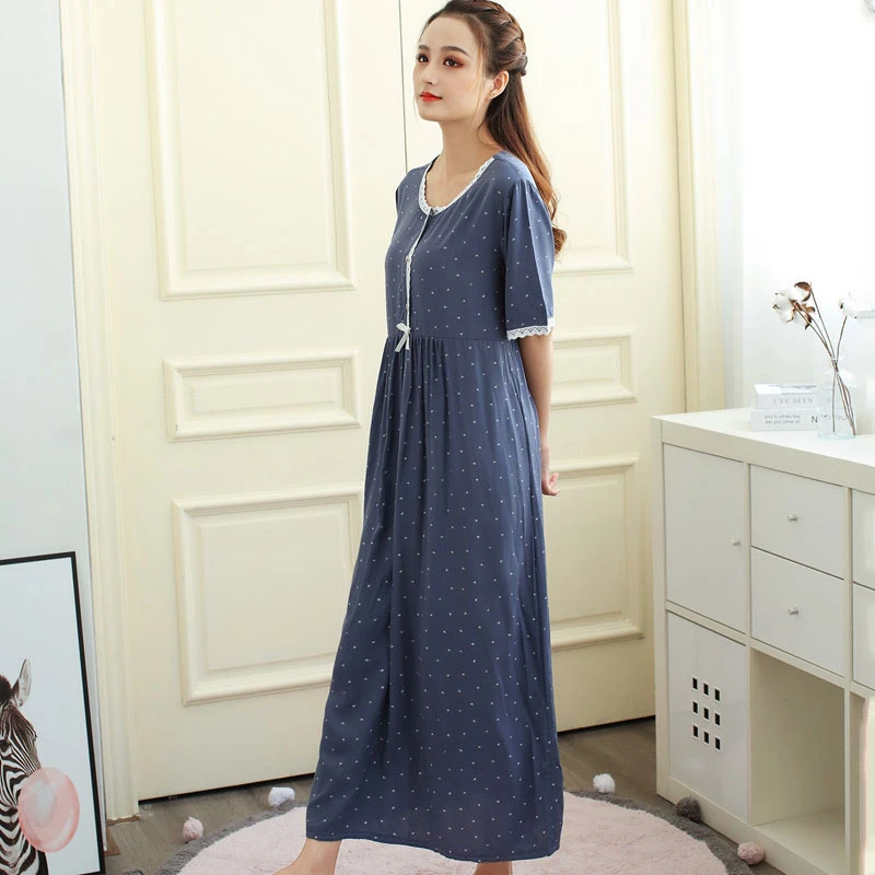 Nightdress Women Cotton Soft Dot Printed Sleepwear Sexy Breathable Women\'dress Casual Nightie Home Clothes Sleepdress Plus Size