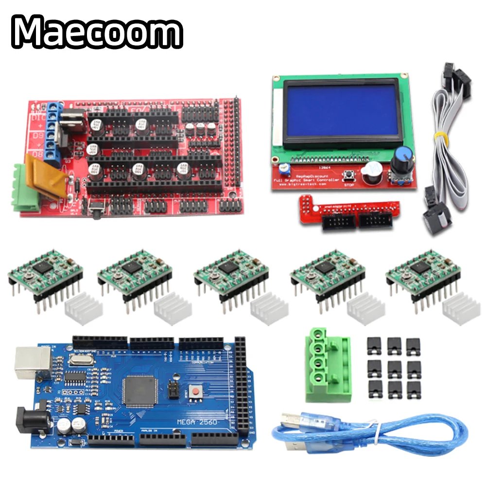 3D Printer Kit RAMPS 1.4 Controller + Mega 2560 board + 5pcs A4988 Stepper Motor Driver + LCD 12864 For Arduino RepRap