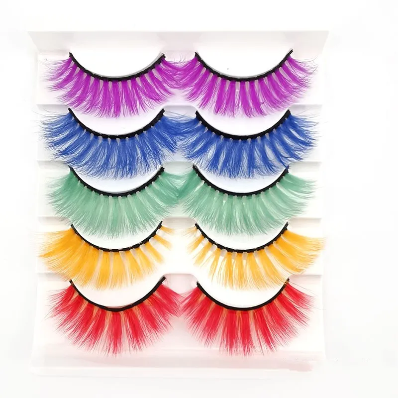 5 Pairs 3D Faux Mink False Eyelashes Green Purple Red Yellow Fluffy Volume Fake Eyelash Makeup Cosplay Dramatic Rainbow Lashes