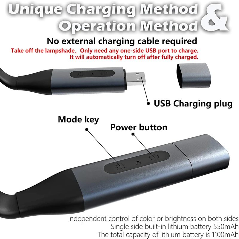 Lámpara de lectura USB de alta calidad, luz de cuello para libros, recargable, manos libres, luz de lectura LED portátil para acampar, iluminación