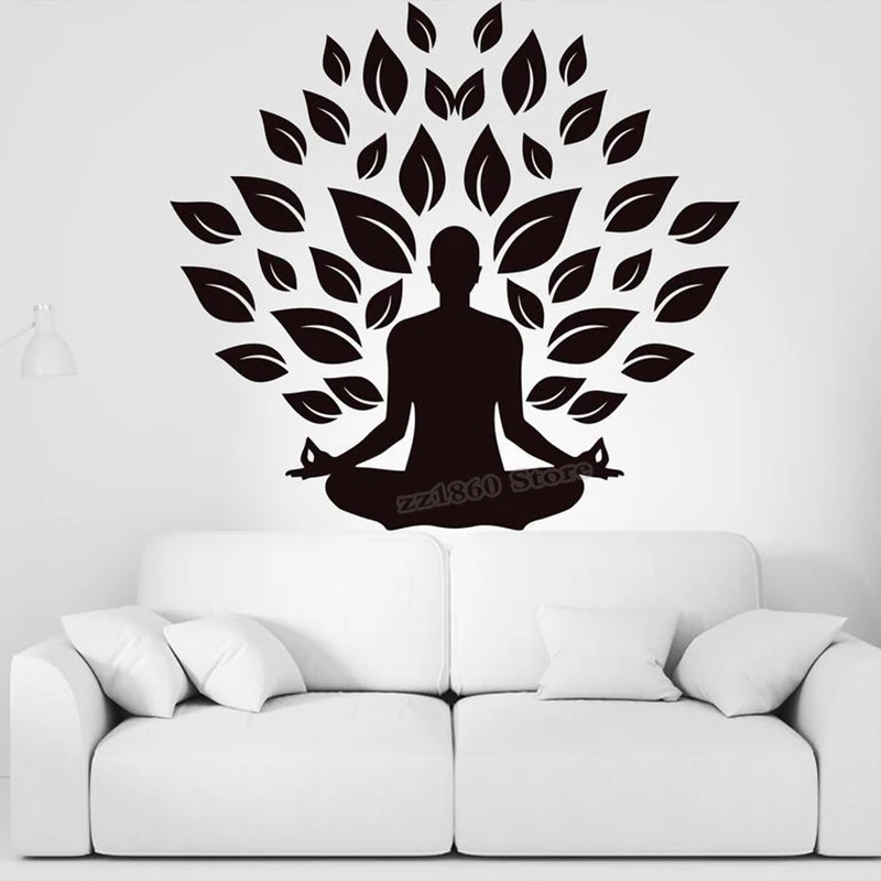 Meditating Yoga Wall Decal Leaf Floral Vinyl Wall Sticker Namaste Wall Decor Mural Buddha Aerobic Yoga Living Room Decor B580