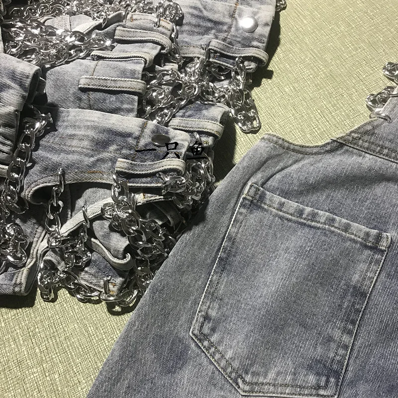 Women Casual Hollow Out Full Length Straight Jeans Female High Waist Chain Patchwork Denim Wide Leg Pant Fashion Clothes New
