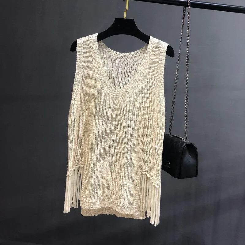 The Spring and Autumn Period and The New Joker Hollow-out Knitting Sequins Vest Loose Sleeveless Clothes Sweater Vest Women